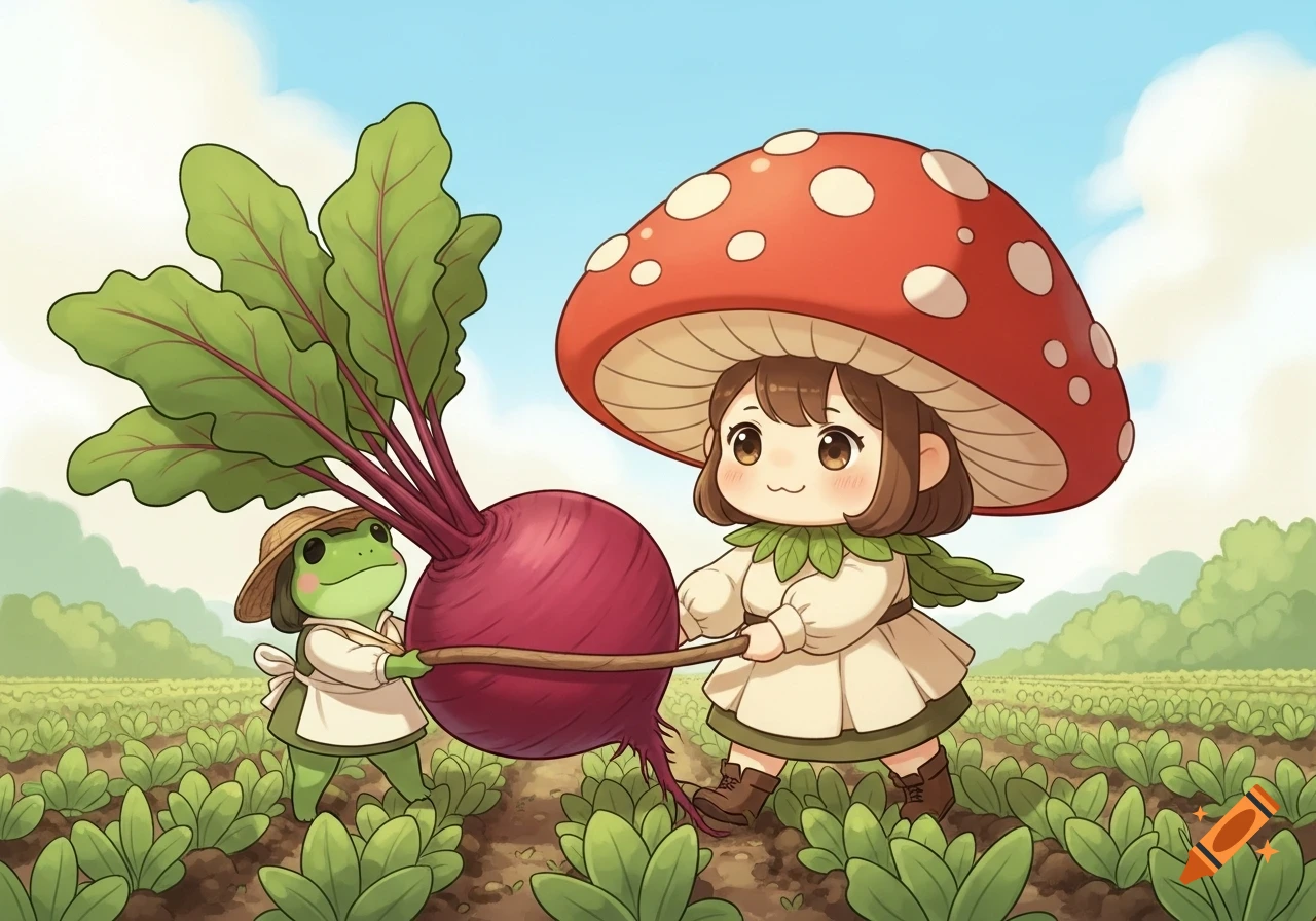 A cute chibi mushroom woman and a frog farmer pulling a large beet from a field in a fantasy illustration.