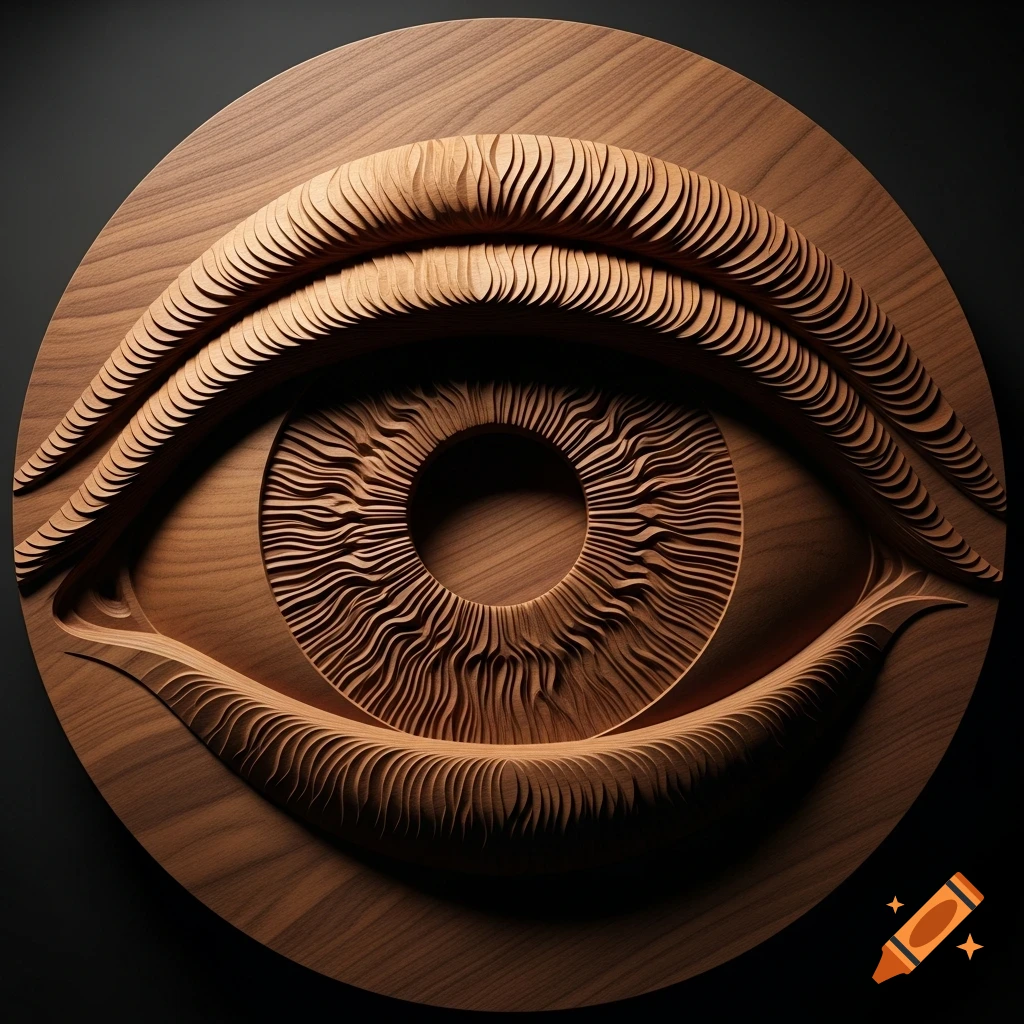 A highly detailed circular bas-relief sculpture of an intricate human iris carved from warm walnut wood, with flowing ridges and deep shadows.