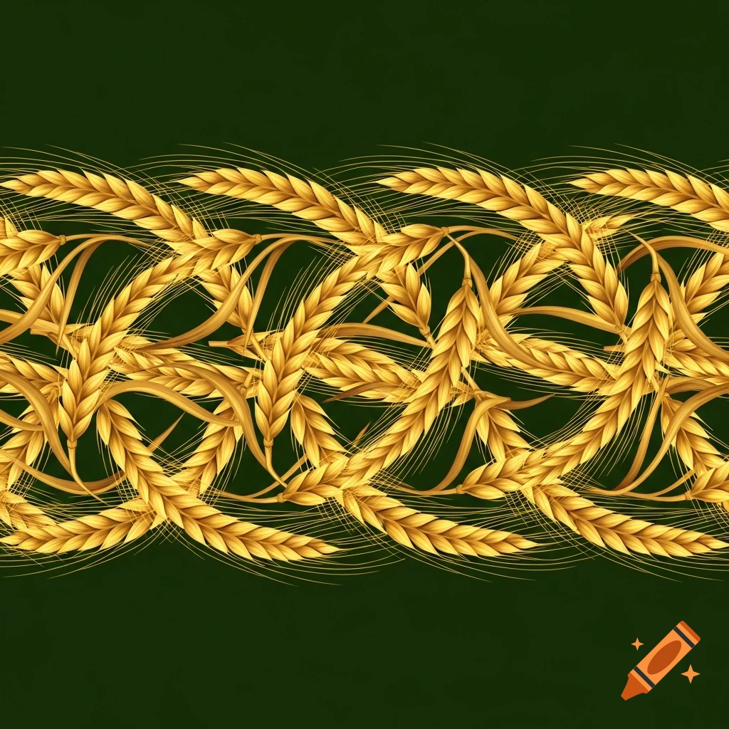 A golden ornamental border of intertwined wheat ears on a dark green background.