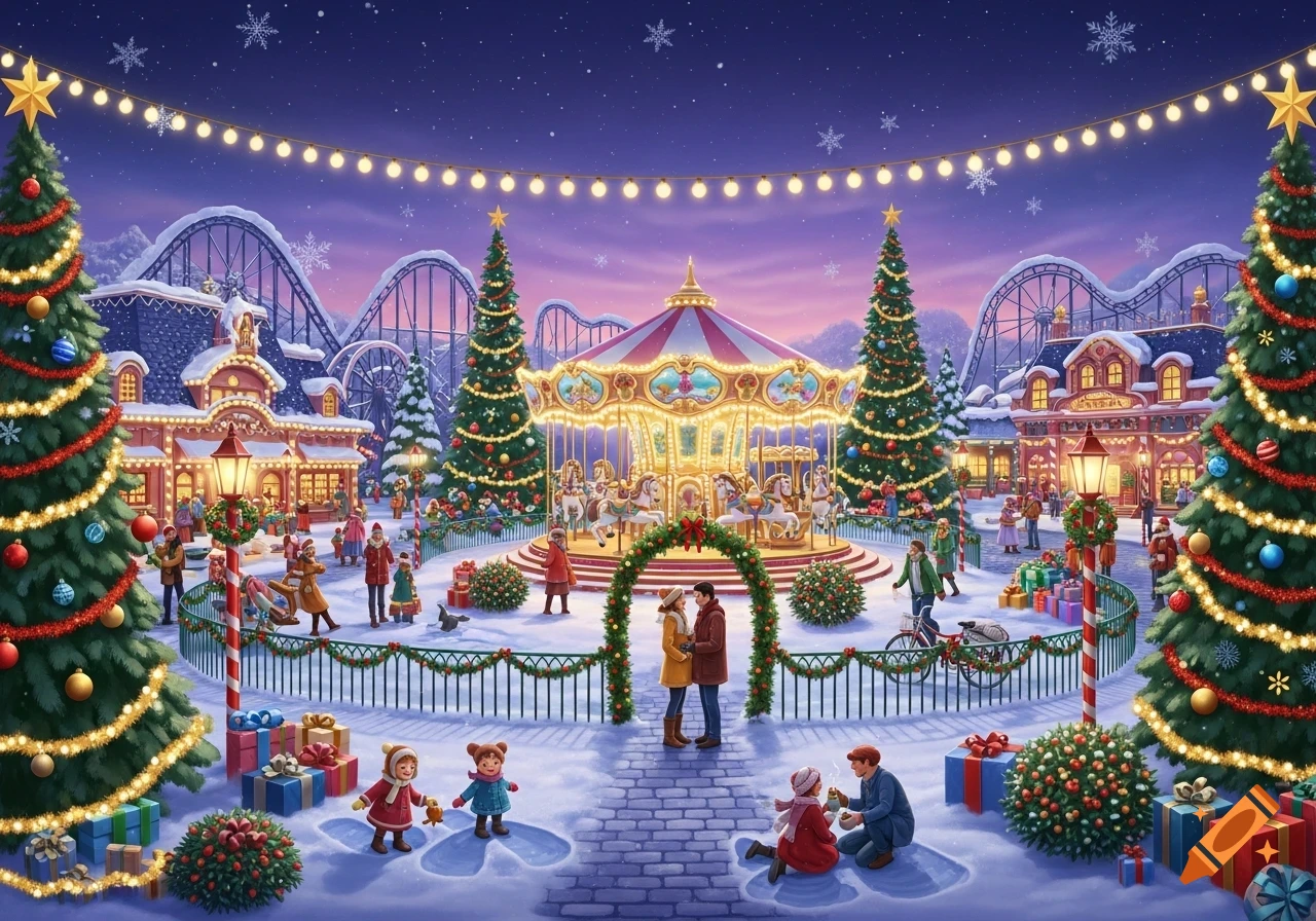 A detailed storybook illustration of a festive Christmas theme park at night, with a carousel, decorated trees, and people.