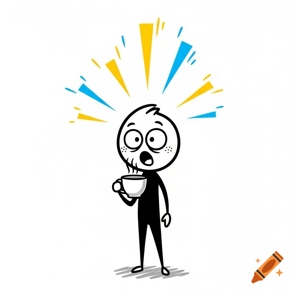 A black stick figure with wide eyes and an open mouth holds a steaming white cup. Yellow and blue energy beams radiate from its head.