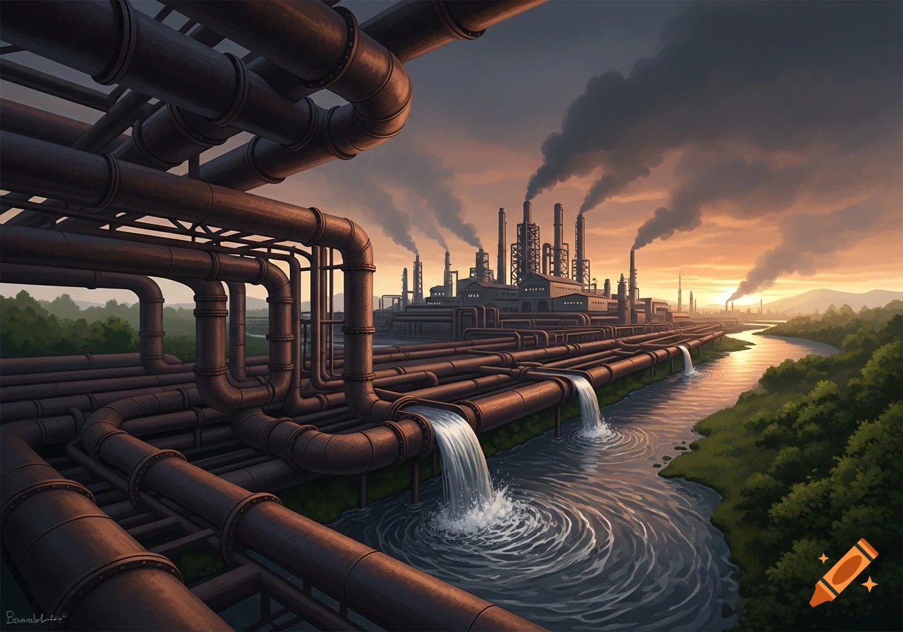Illustrated industrial landscape with a factory emitting smoke, numerous pipes discharging water into a river at sunset.
