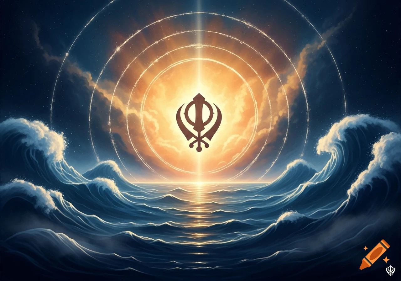 A vibrant image featuring the Sikh Khanda symbol glowing brightly above a turbulent ocean with crashing waves under a starry night sky.
