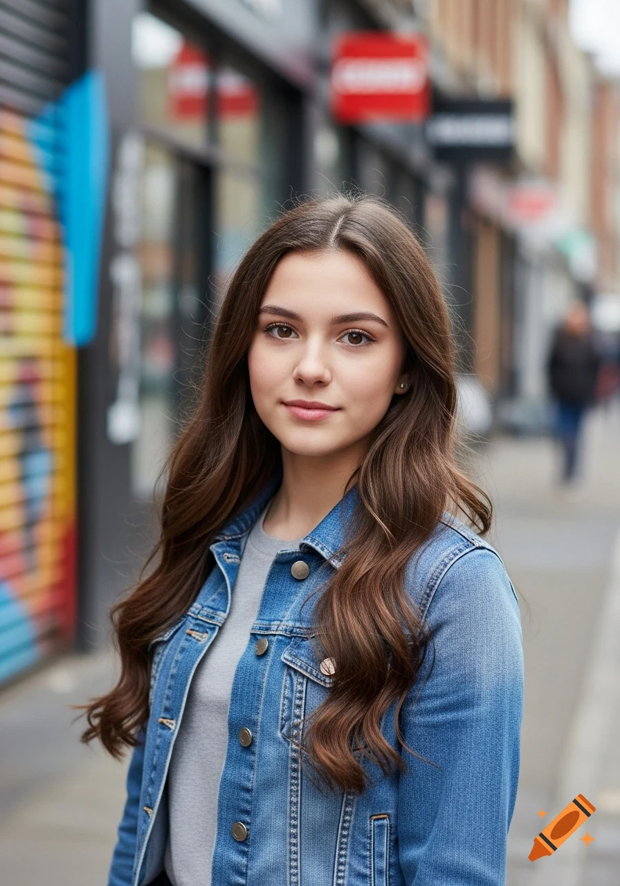 Photorealistic portrait of a young woman with long brown hair, wearing a denim jacket and grey t-shirt, standing on a city street.