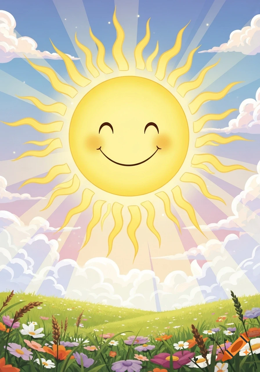 A happy cartoon sun shines brightly over a vibrant field of colorful wildflowers under a blue sky.