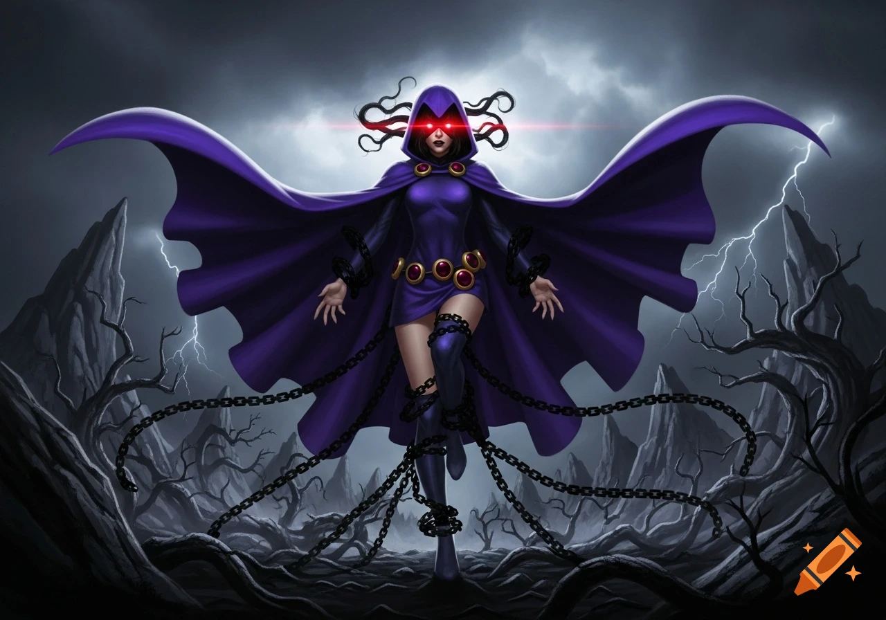 Raven from Teen Titans, wearing a purple hooded cloak and dress, stands under a stormy sky with lightning and gnarled trees, wrapped in chains, with glowing red eyes.