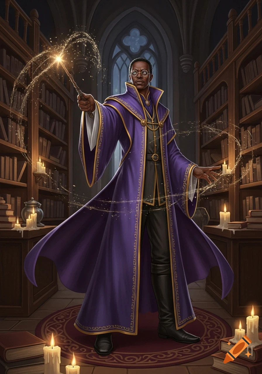A dark-skinned wizard in purple robes and round glasses holds a glowing magic wand in a grand, dimly lit library.