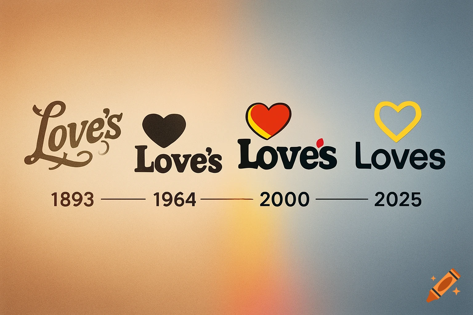 A timeline displaying the evolution of the Love's logo from 1893 to 2025, featuring various fonts and heart designs.