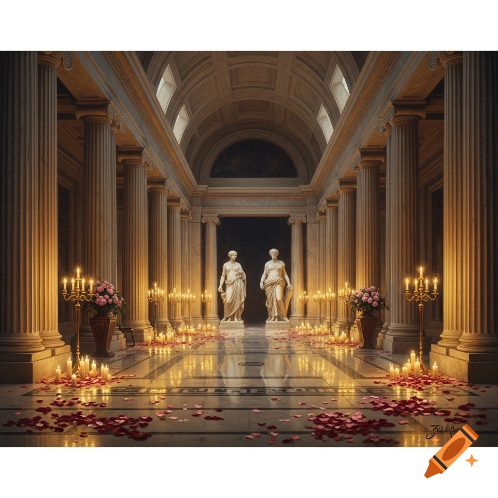 A neoclassical marble hall, illuminated by golden candlelight, with two classical statues and rose petals scattered across the polished floor.