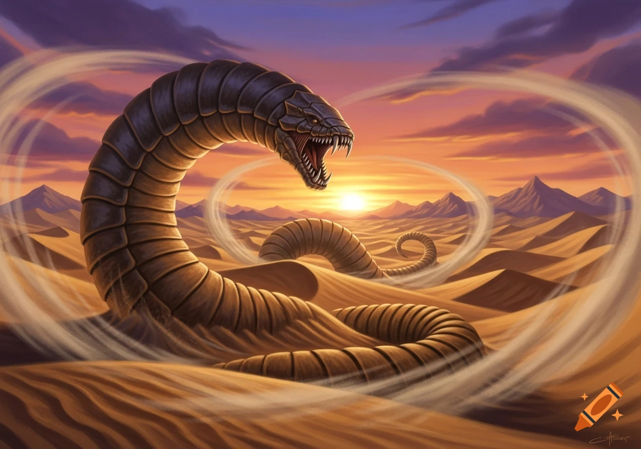 A fierce, segmented sand worm with an open, fanged mouth rises from desert dunes at sunset in a fantasy illustration.