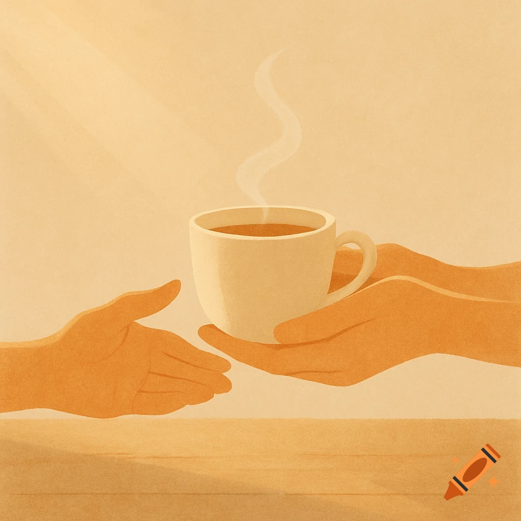 Two hands exchanging a steaming cup of coffee in a warm, minimalist illustration.