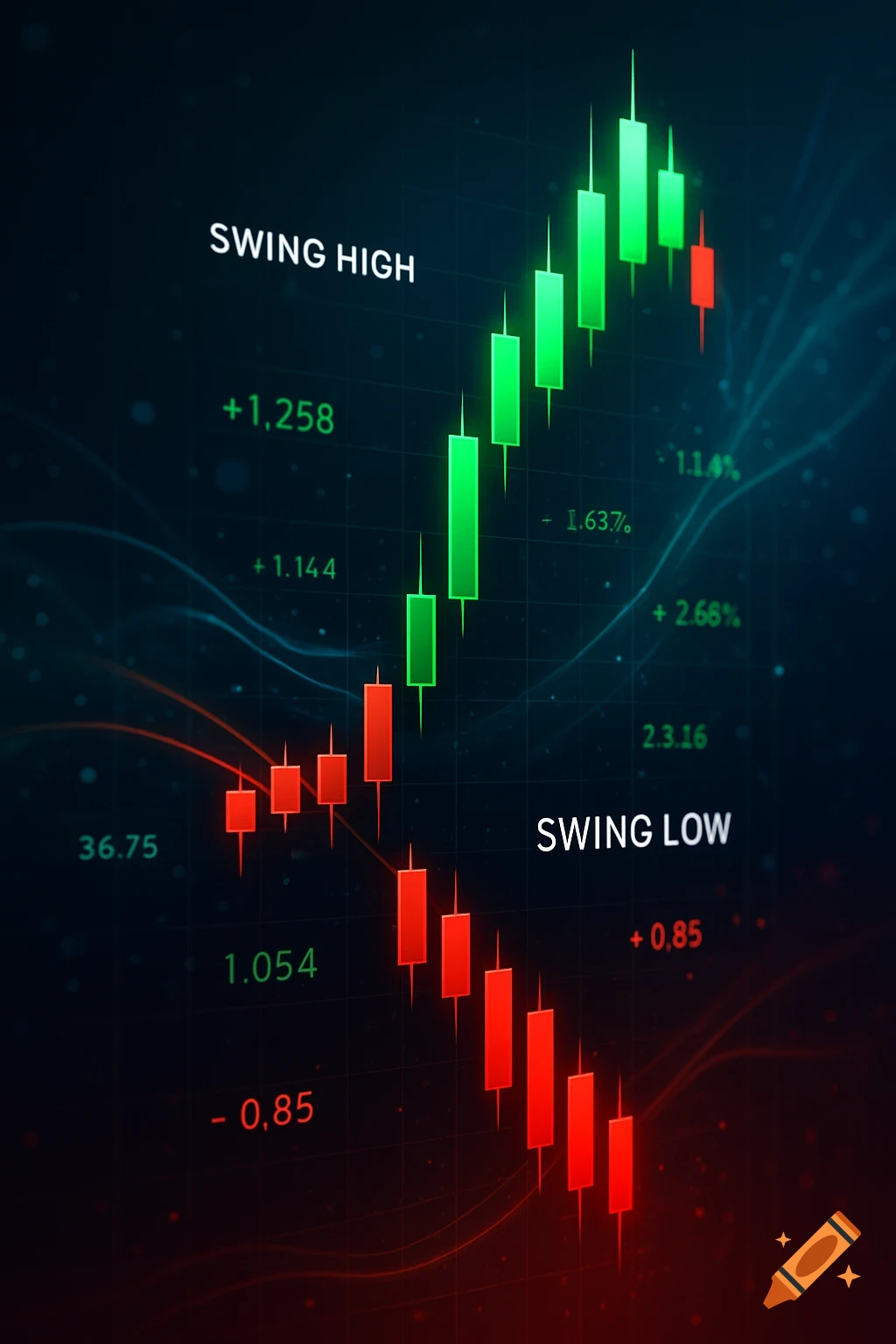 Digital illustration of a financial candlestick chart displaying 'Swing High' with green candles and 'Swing Low' with red candles.