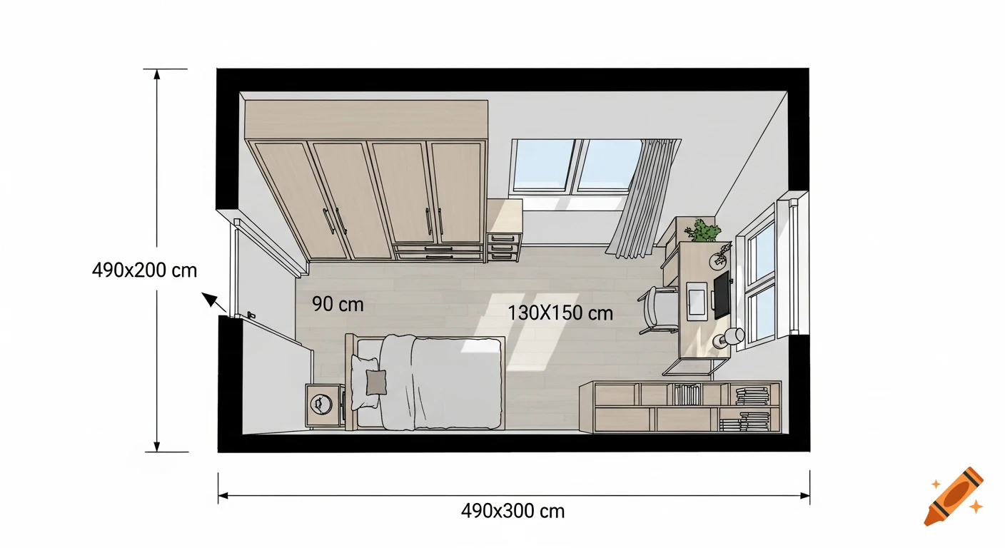 Top-down floor plan of a modern bedroom with a bed, wardrobe, desk, and windows, showing room and furniture dimensions.
