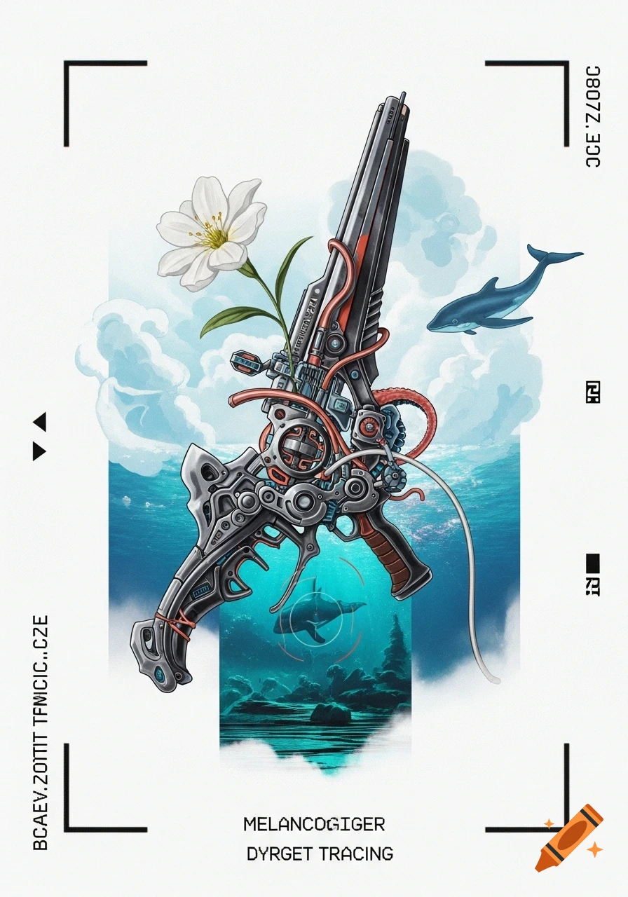 A stylized, futuristic gun with mechanical and organic elements and a white flower emerging from it, against a background split between cloudy sky and deep blue ocean with a dolphin. Text appears in the corners and bottom center.