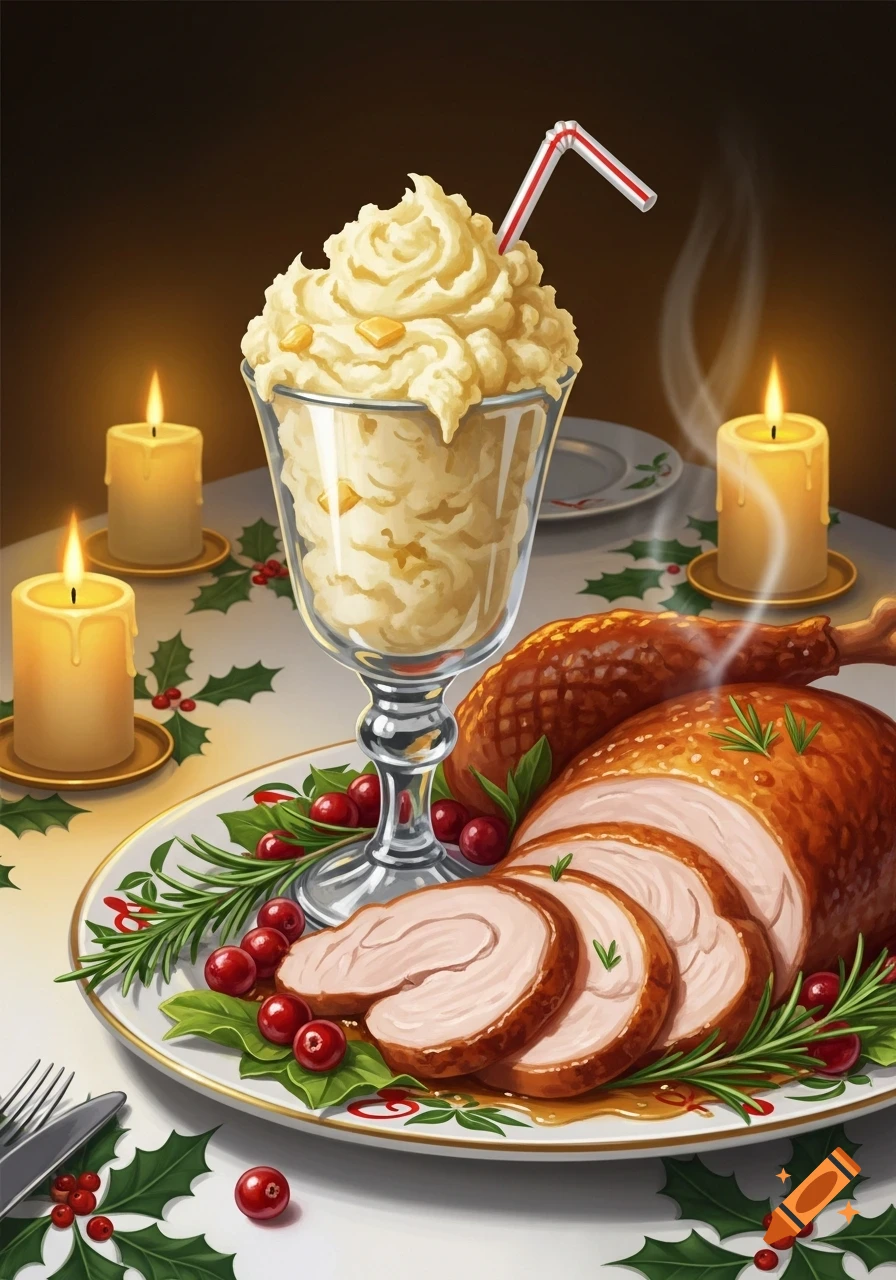 A festive Christmas dinner with sliced roasted turkey, cranberries, holly, candles, and mashed potatoes in a glass with a straw.