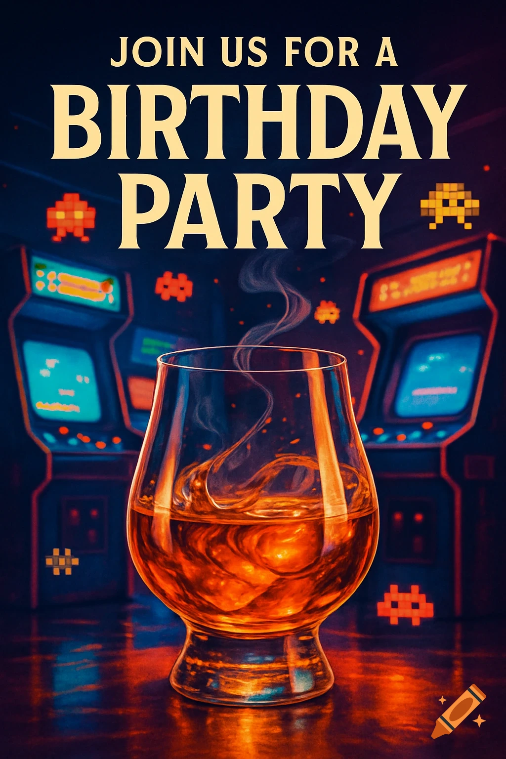 Birthday party invitation with a glass of whiskey, arcade games, and pixel art aliens in a retro, dark setting.