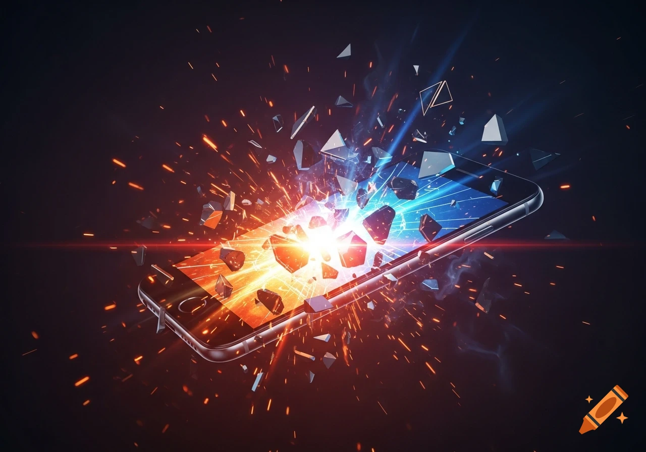 A mobile phone explodes in a burst of orange and blue light and sparks, shattering into geometric debris against a dark background.