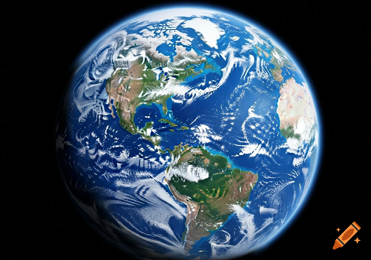 A detailed, photorealistic view of planet Earth from space, showing continents, oceans, and clouds.