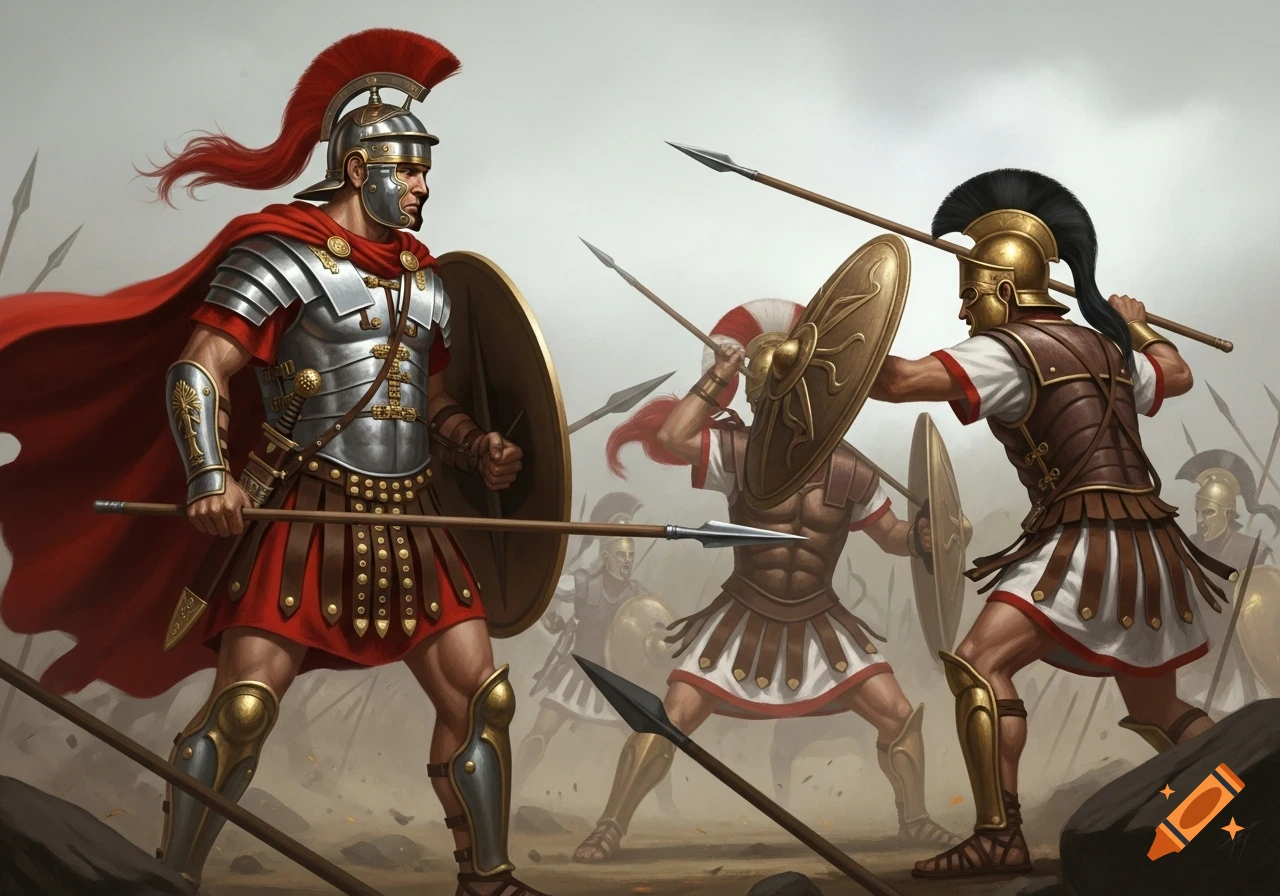 A Roman centurion in red and silver armor with a spear confronts two Greek soldiers wielding spears and shields on a hazy battlefield.