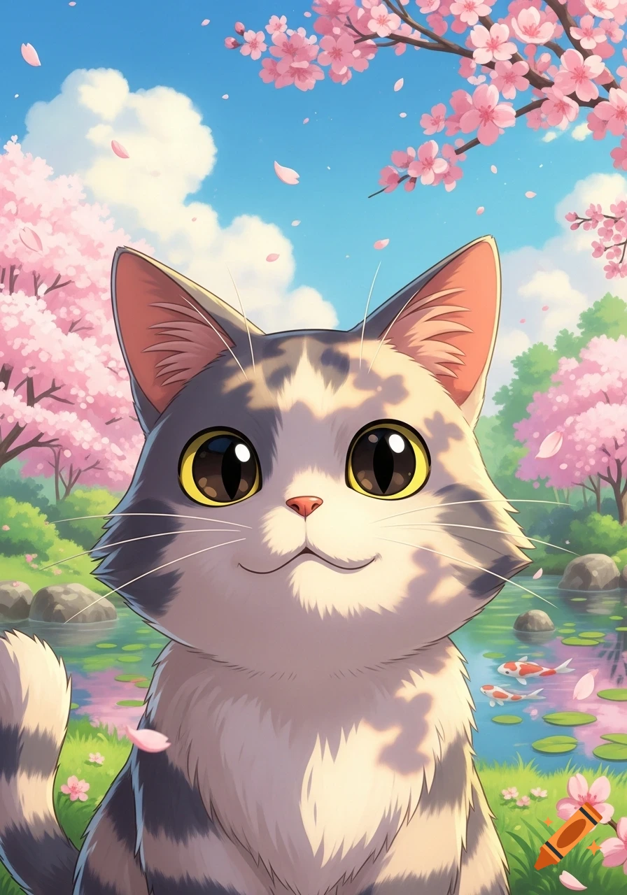 A cute anime-style cat with big eyes smiles in a vibrant spring scene with pink cherry blossoms and a pond.