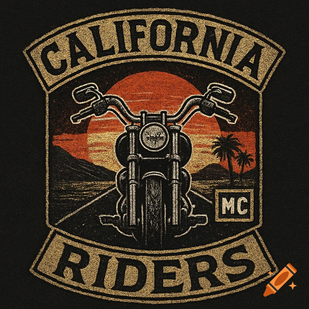 Vintage embroidered biker club patch logo for 'California Riders MC' with a chopper against a desert sunset.
