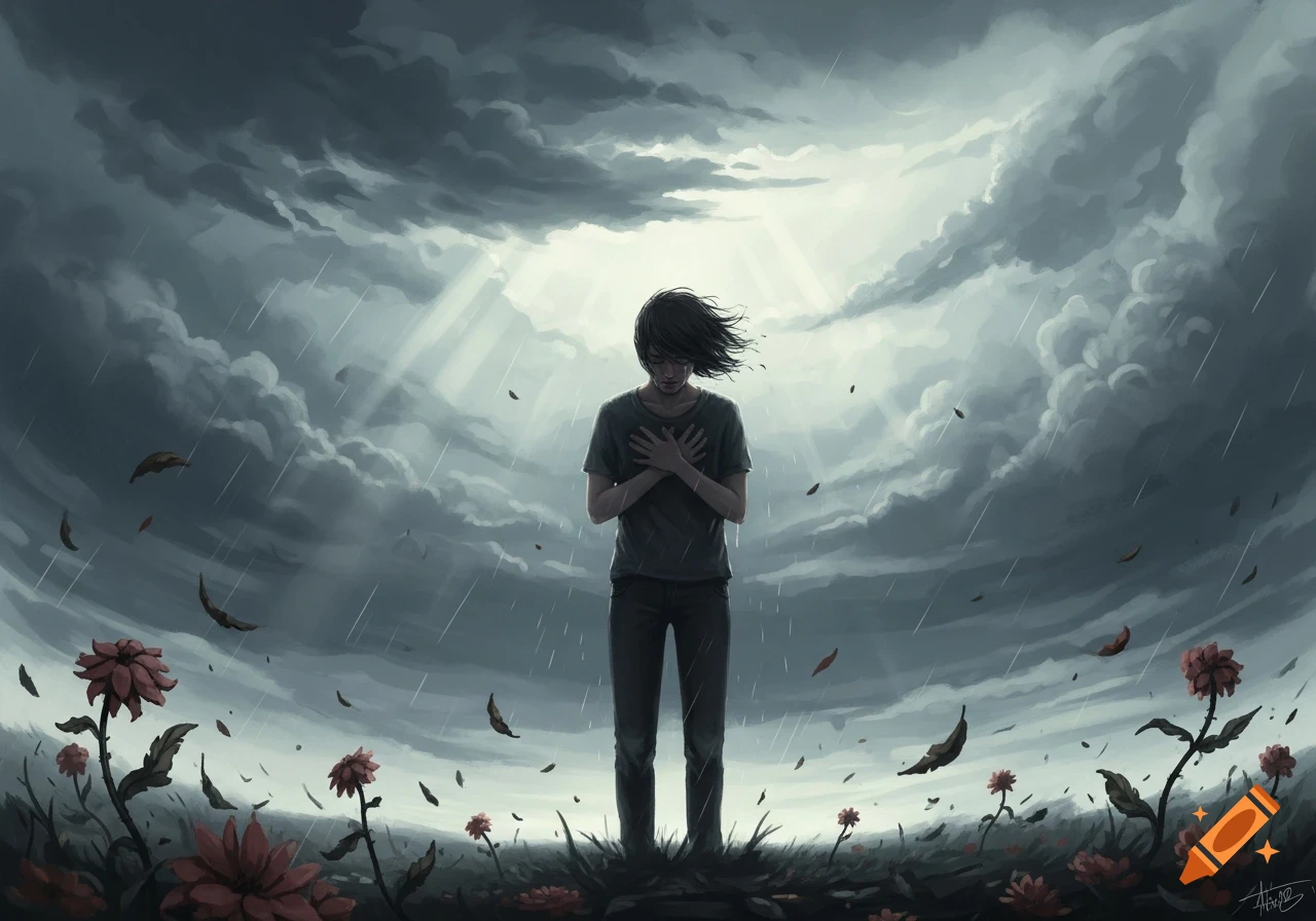A person stands with hands over their chest under a stormy sky with sun rays, rain, falling leaves, and flowers.