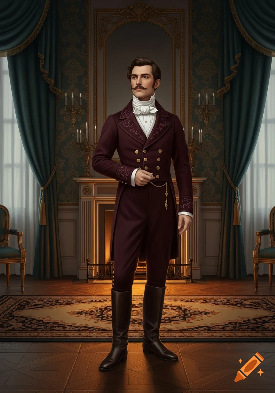 A dandy in a maroon tailcoat and riding boots stands in an elegant room with a fireplace and ornate wallpaper.