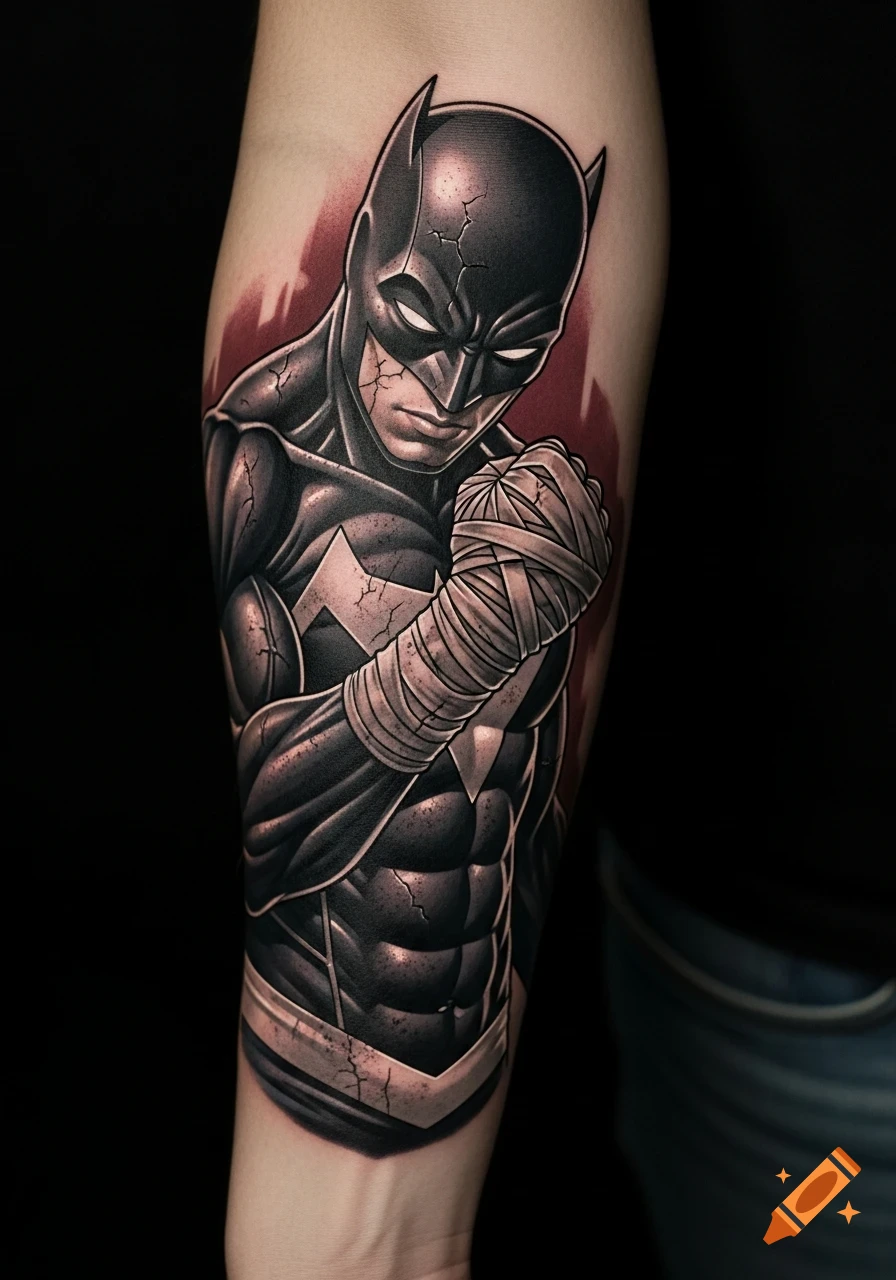 Detailed forearm tattoo of a dark superhero like Batman, with a cracked suit, mask, and bandaged fist, on a red background.