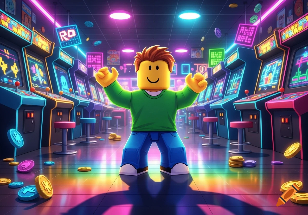 A Roblox character stands in a vibrant, neon-lit arcade surrounded by gaming machines and scattered coins.