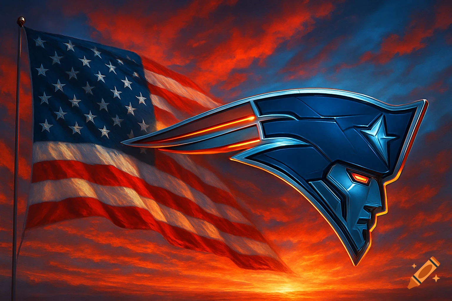 A vibrant digital art image of a waving American flag against a fiery sunset sky, with a metallic, futuristic New England Patriots logo superimposed.