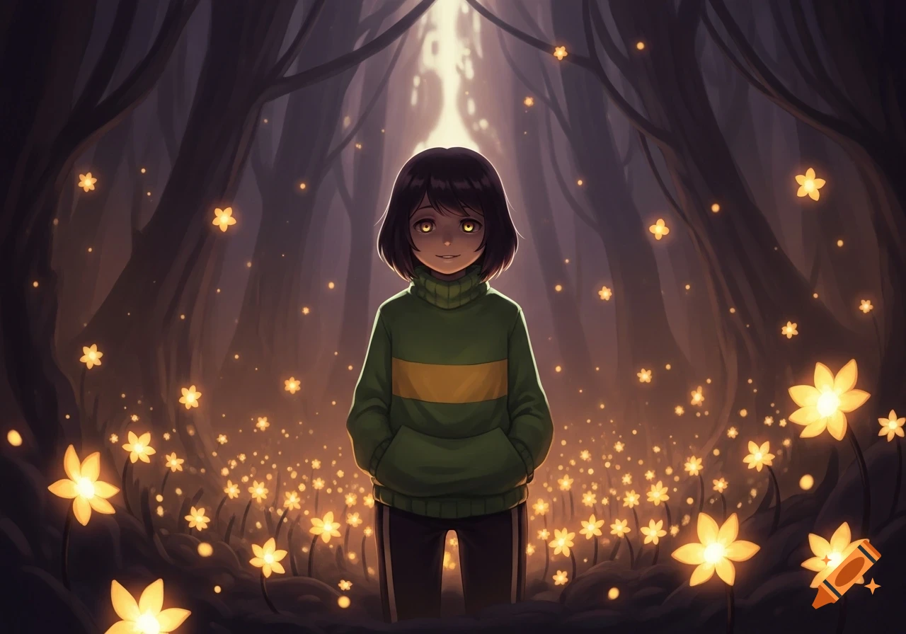 A dark-haired character with glowing yellow eyes and a green and yellow striped sweater stands in a magical forest filled with glowing yellow flowers.