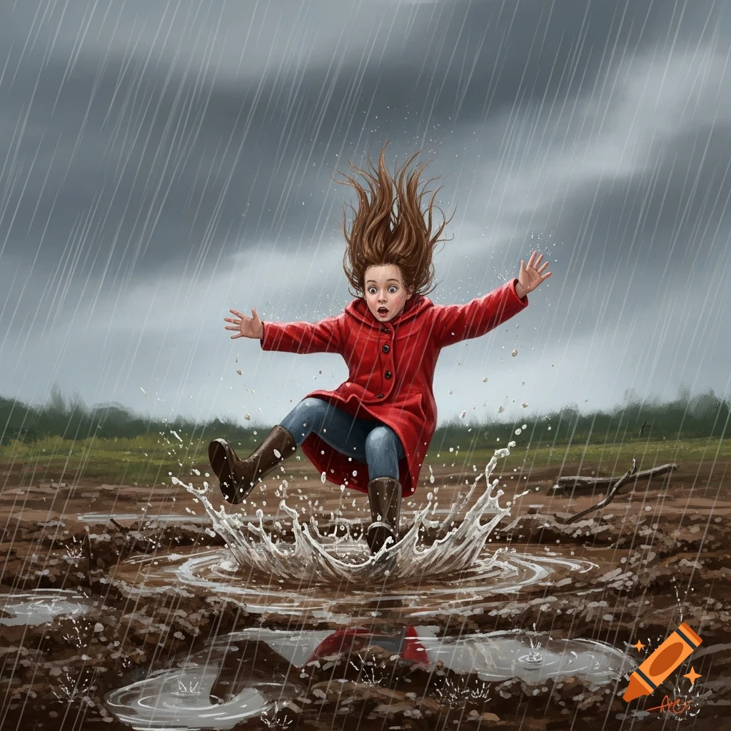 An illustration of a child in a red coat falling backwards into a muddy puddle, splashing water. It is raining with an overcast sky.