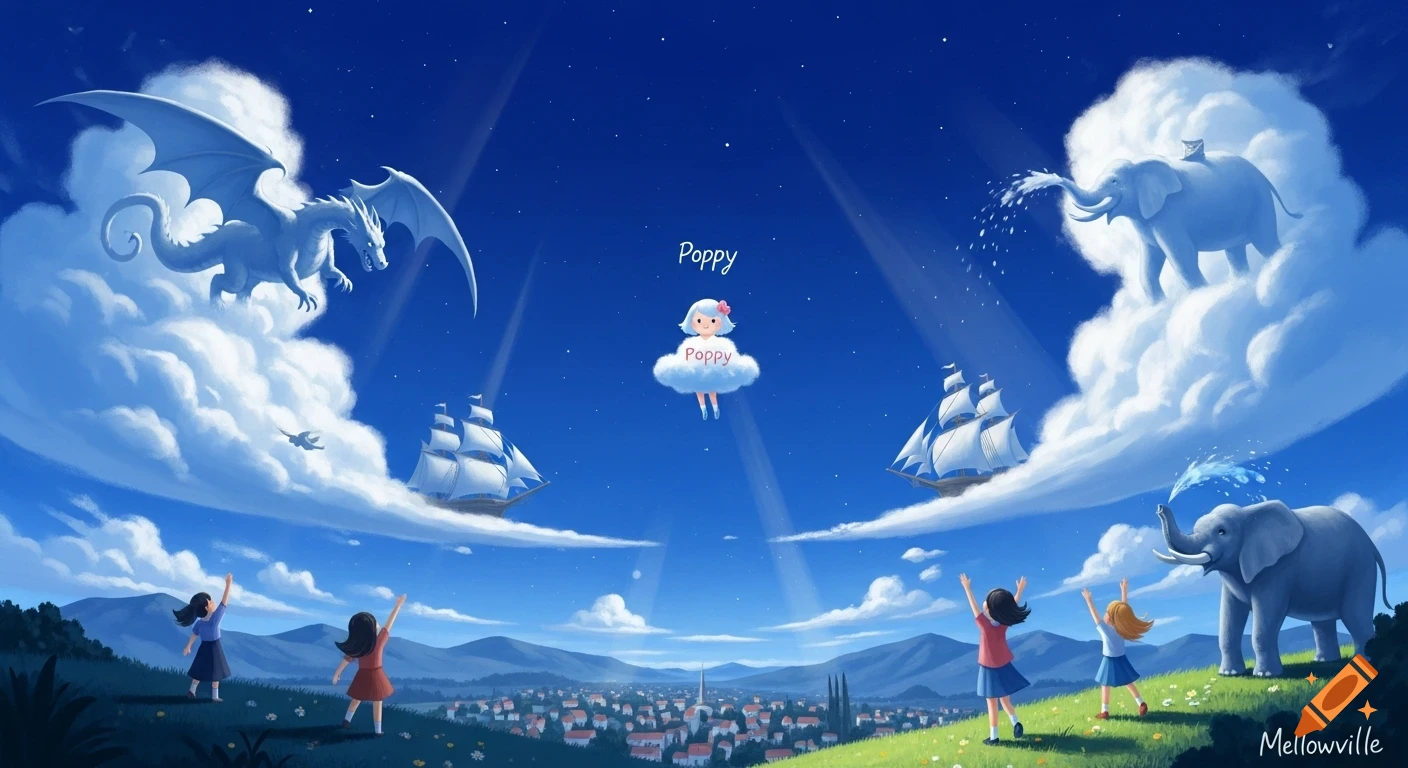 Whimsical illustration of children in a meadow looking up at a sky with a dragon, an elephant, ships, and a small cloud named Poppy floating above Mellowville.