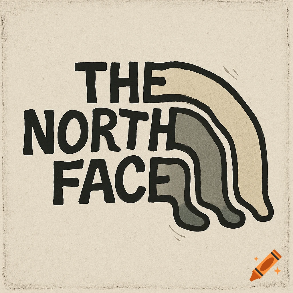 A rough, hand-drawn parody of The North Face logo, with text "THE NORTH FACE" next to a drippy, wobbly arc design.