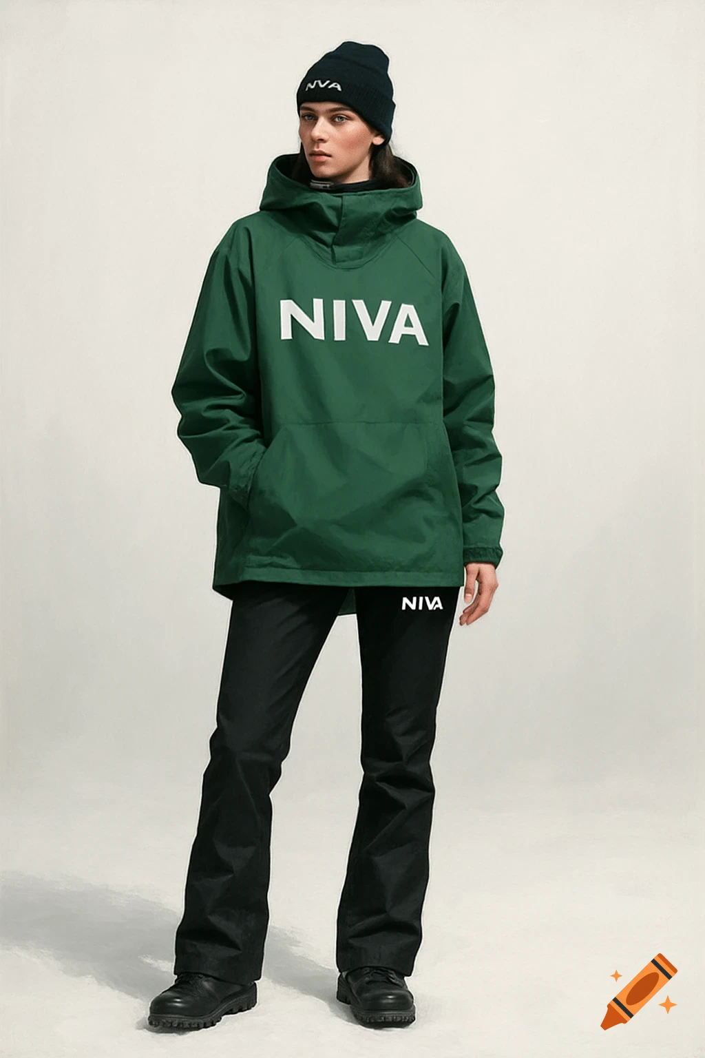 A person modeling green snowboard jacket and black pants with a white NIVA logo, and a black beanie with NVA text, against a white background.