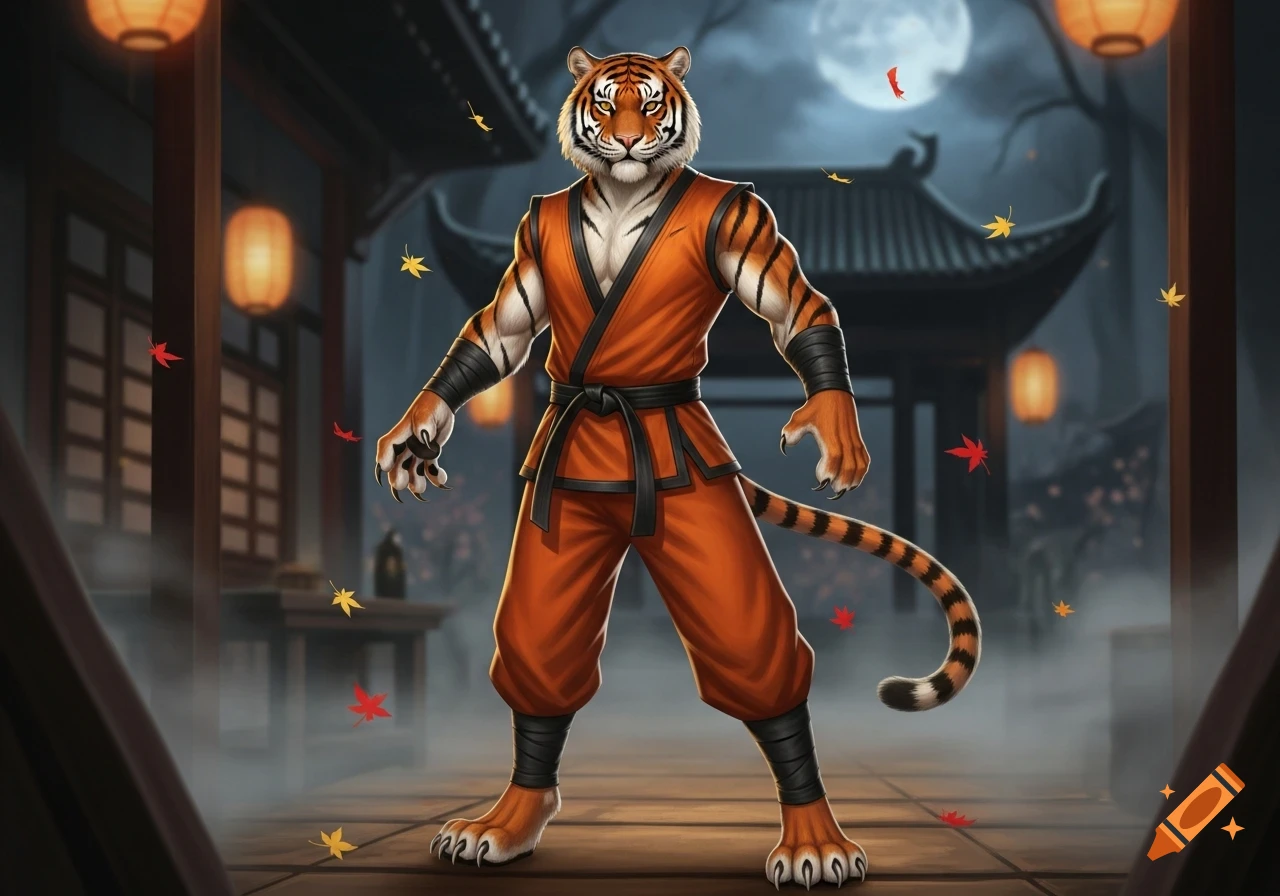 A muscular anthropomorphic tiger ninja in an orange gi and black belt stands in a traditional Asian temple at night under a full moon.