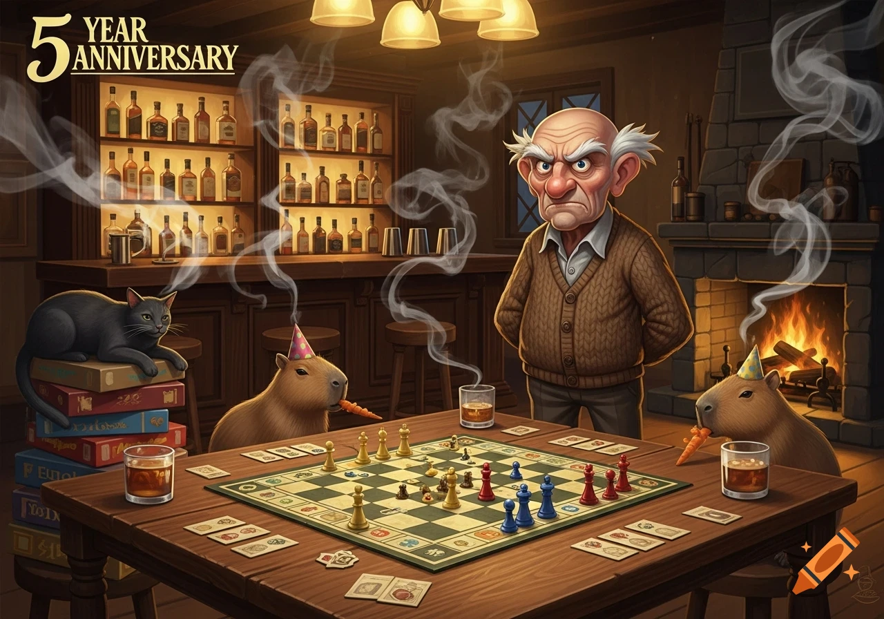 A grumpy old man watches a cat and two capybaras in party hats play chess in a smoky bar, with whiskey and '5 Year Anniversary' text.
