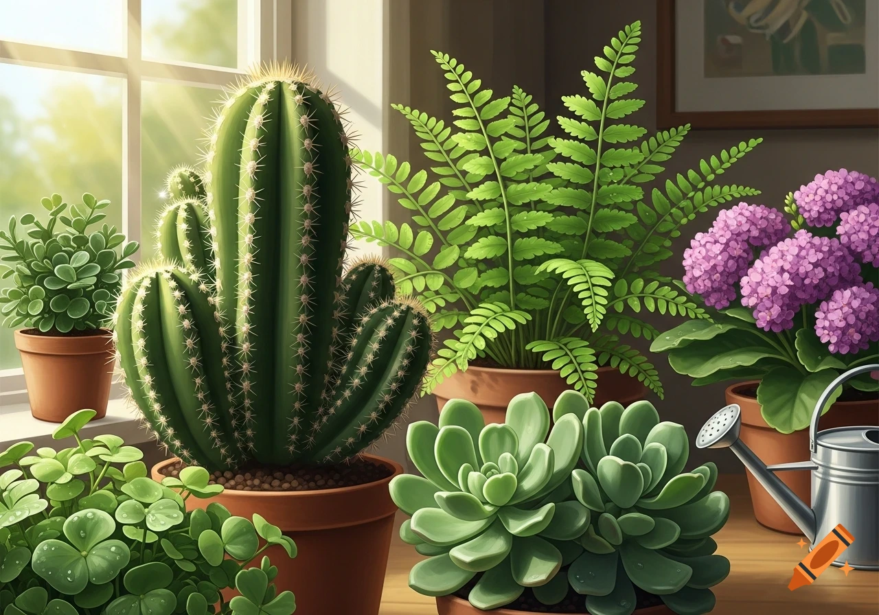 Vibrant potted plants including a large cactus, ferns, succulents, and purple flowers are arranged on a sunlit windowsill.