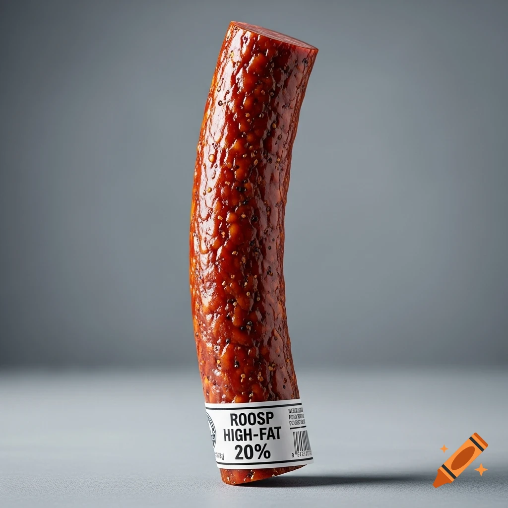 Close-up of a glossy, curved pork meat stick with a label reading 'ROOSP HIGH-FAT 20%', standing on a gray background.