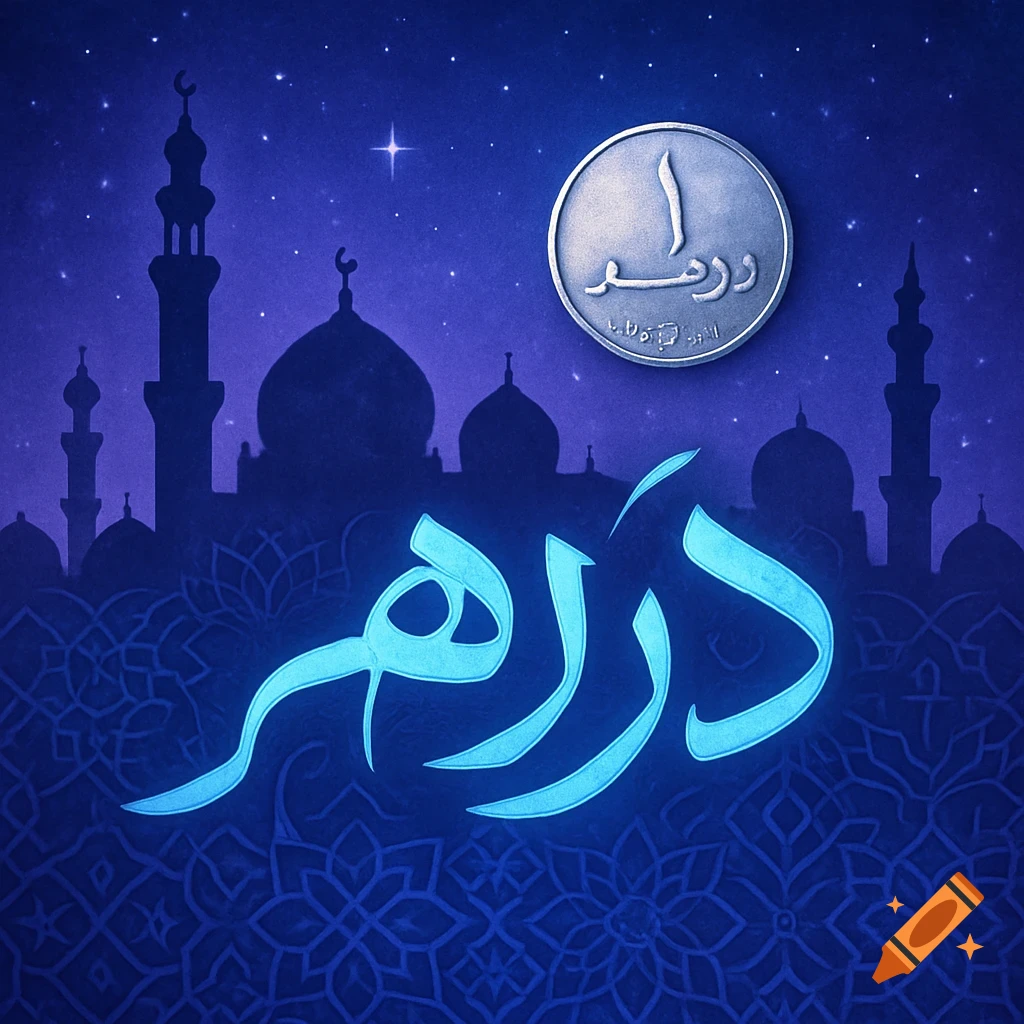 Islamic art style image with a silhouette of mosques under a starry blue night sky, featuring a dirham coin and glowing Arabic text 'dirham'.