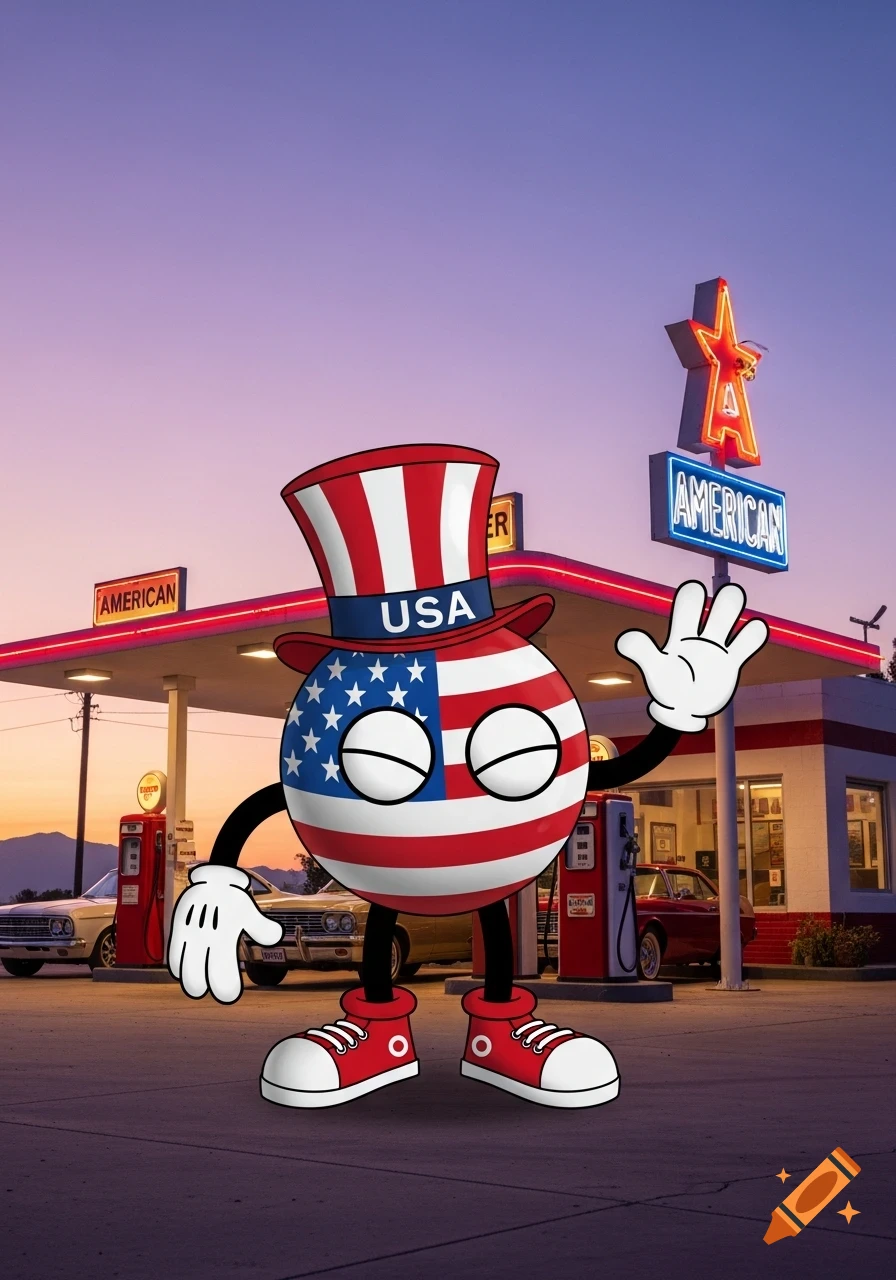 Cartoon USA flag character with a top hat, gloves, and sneakers, waving in front of a retro gas station at dusk.