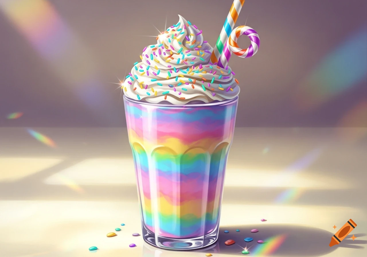 A vibrant rainbow milkshake topped with whipped cream, colorful sprinkles, and a striped candy straw.