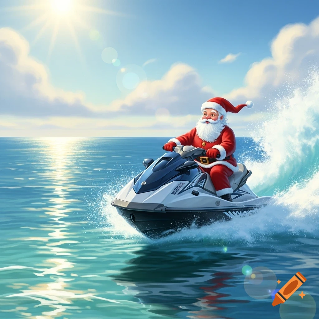 Santa Claus riding a jet ski on a sunny ocean, splashing water, in a bright cartoon style.