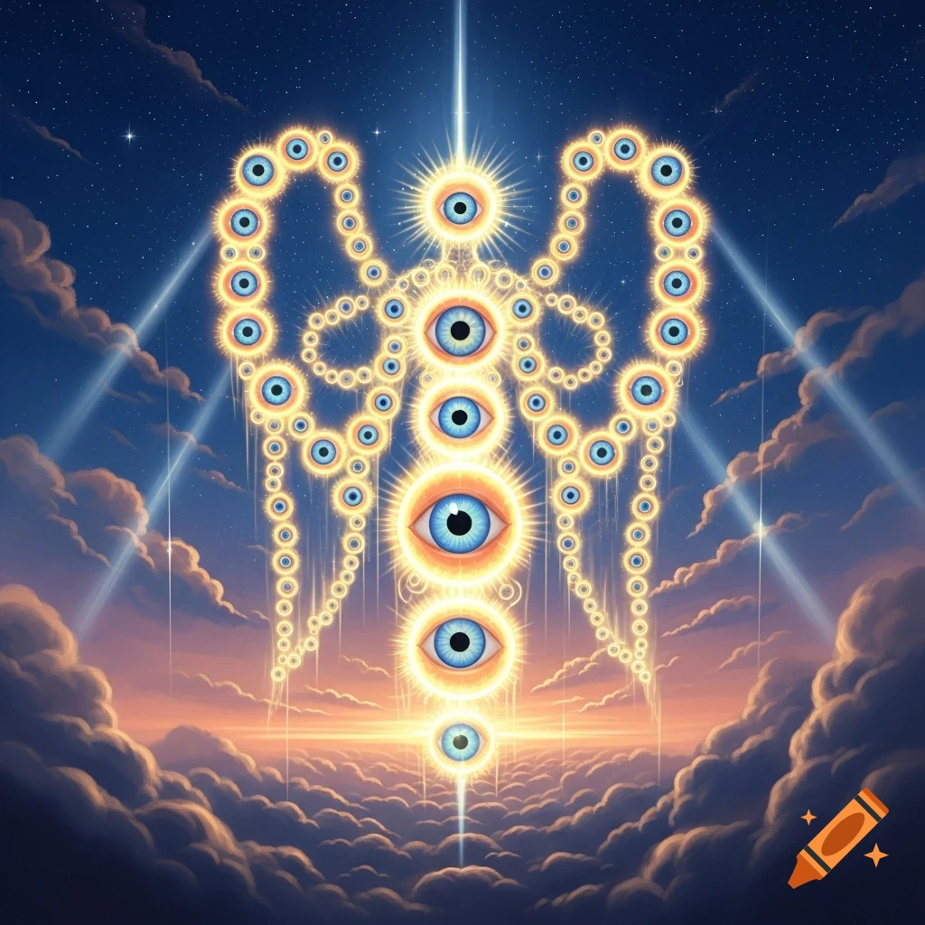 A celestial being formed from many glowing blue eyes, arranged in a winged shape, radiates light in a starry sky with clouds.