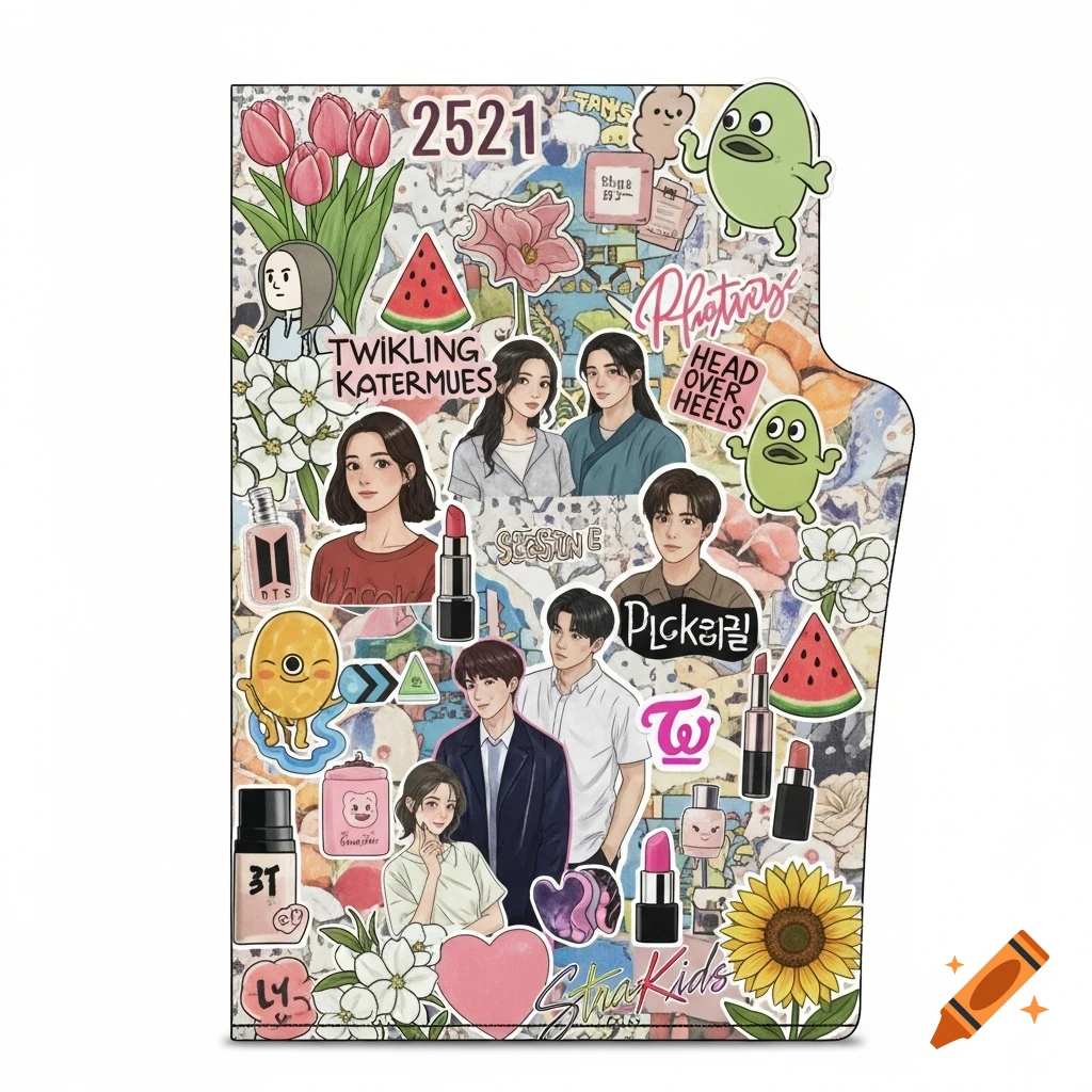 A colorful folder featuring a busy collage of anime-style characters, K-Pop and K-Drama logos, flowers like tulips and sunflowers, makeup items, and other playful stickers.