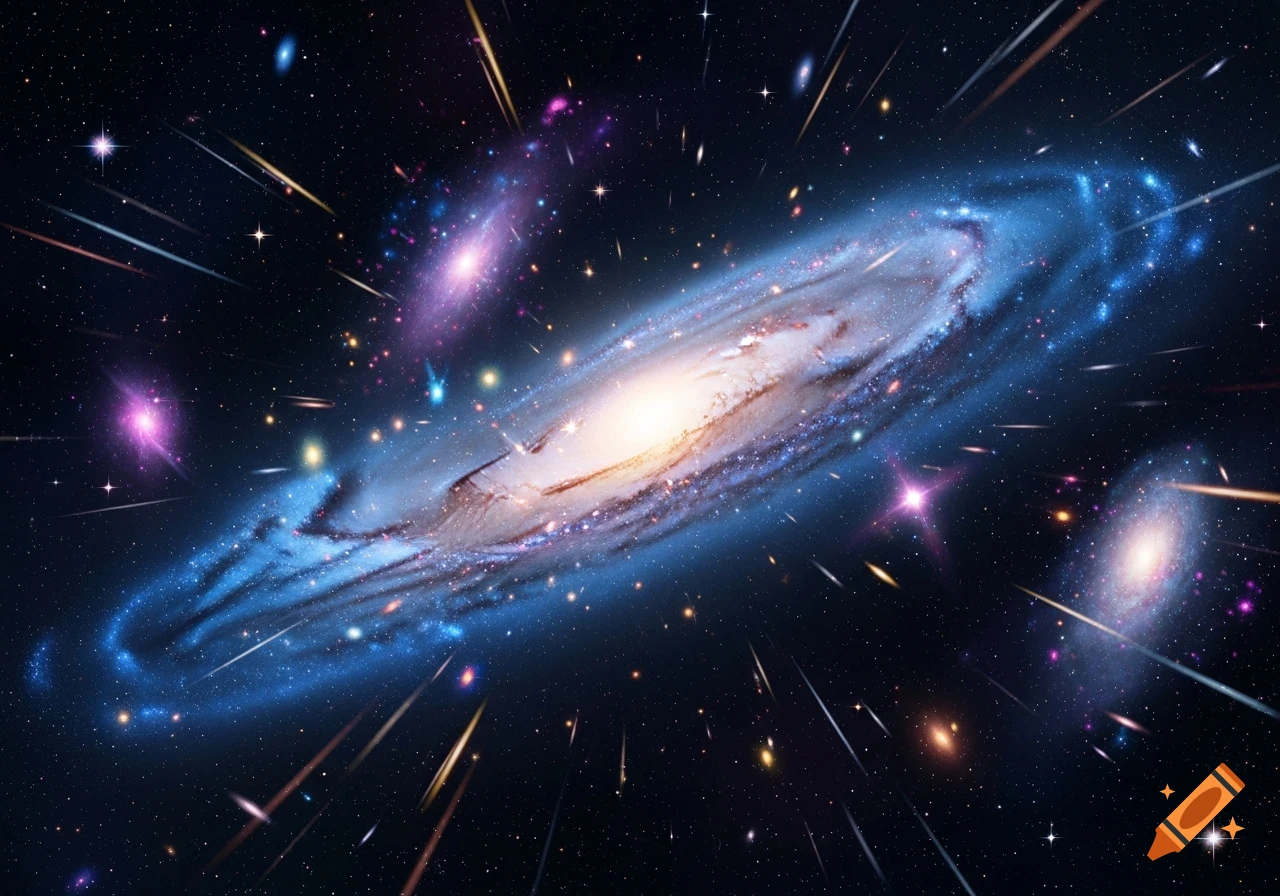 A vibrant spiral galaxy with bright stars and nebulae, surrounded by cosmic dust and streaks of light, against a dark starry background.