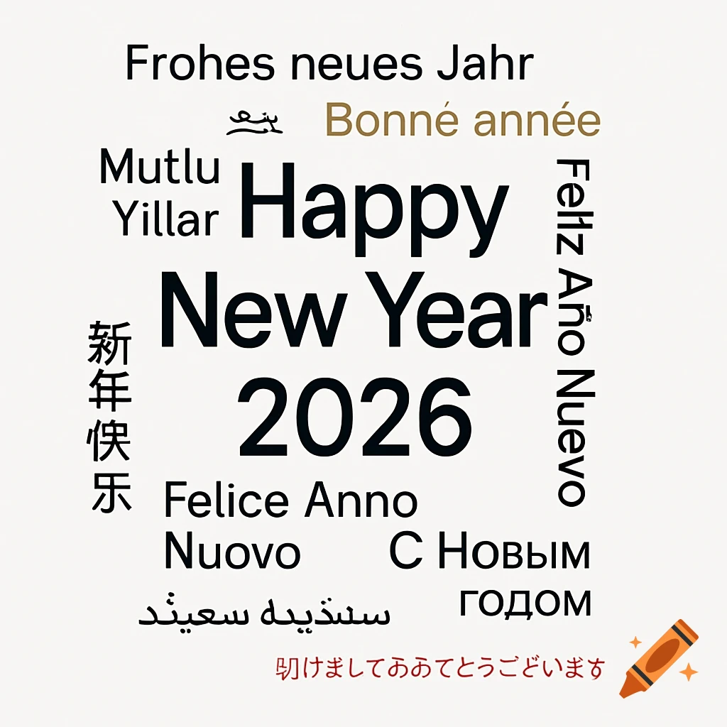 A white typographic poster with 'Happy New Year 2026' in large black text at the center, surrounded by New Year greetings in multiple languages like German, French, Spanish, Italian, Turkish, Chinese, Japanese, Arabic, and Russian in various sans-serif fonts and sizes, with gold and red accents.