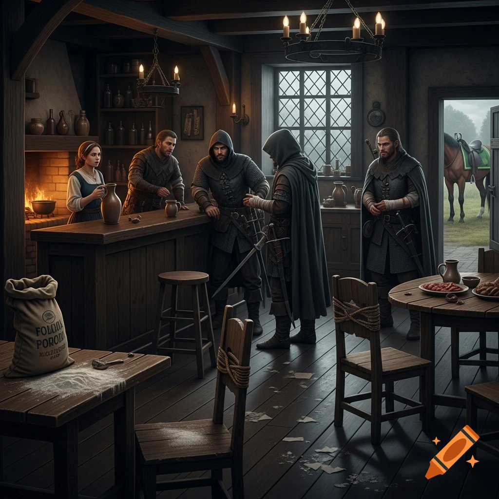 A dark, moody, hyper-realistic scene inside a medieval tavern with armored men, a barmaid, and a flour bag, with a horse visible outside.