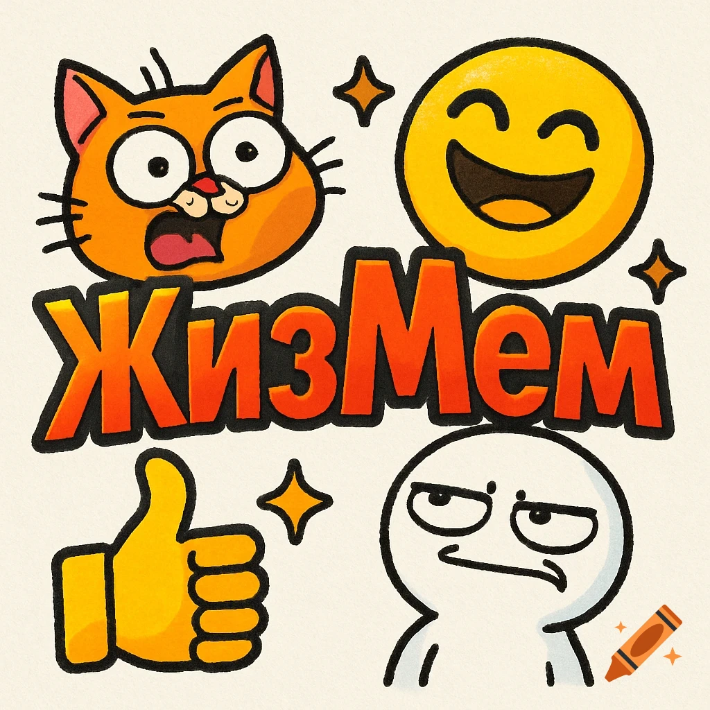 A humorous cartoon collage featuring an orange cat, a laughing emoji, a thumbs-up, a sarcastic character, and the text 'ЖизМем'.