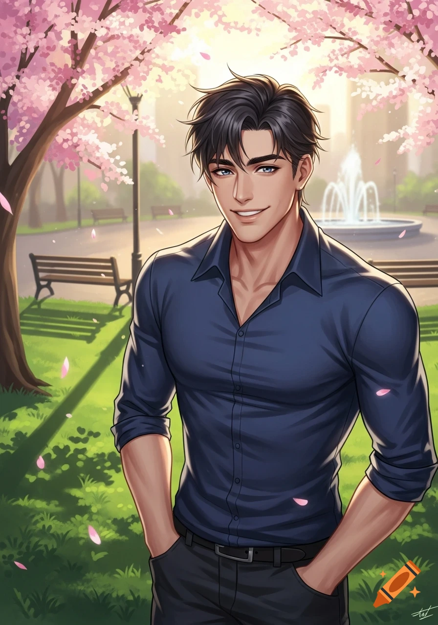 Anime-style drawing of a handsome man in a blue shirt, smiling in a park filled with pink cherry blossoms and a fountain.
